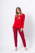 pyjama femme élégant coton pur doux hypoallergénique manches longues imprimé animé rouge vif pantalon droit tartan flanelle chaude