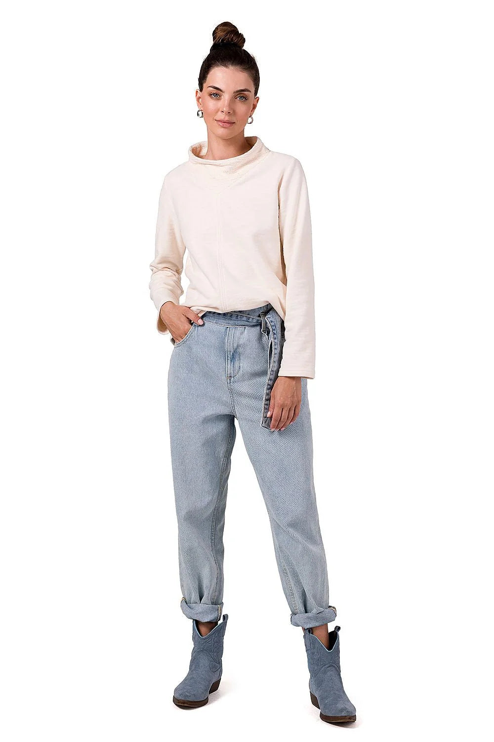 Pull Be Wear pour femme en coton crème col montant style décontracté manches longues coupe ample