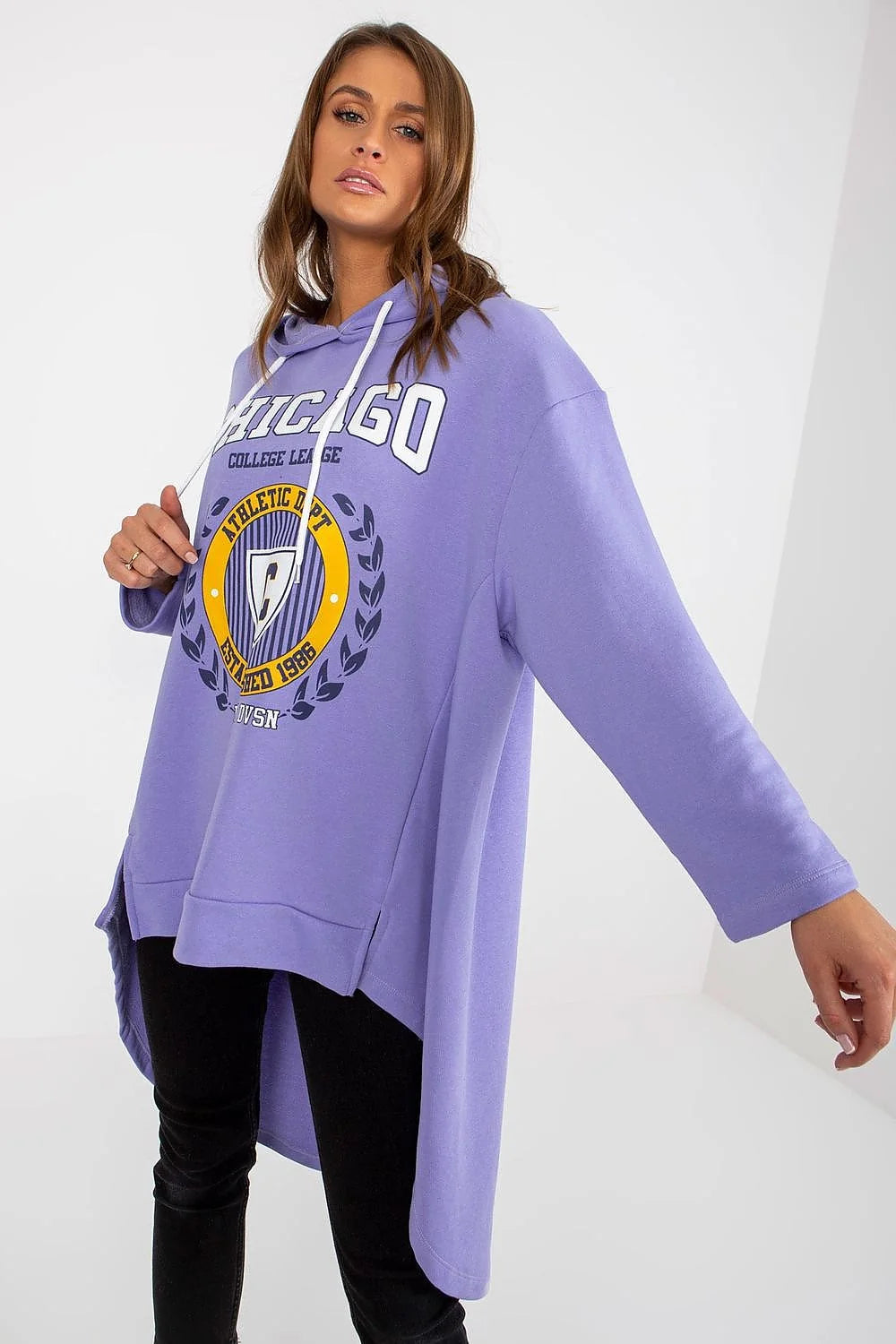 Sweatshirt Fancy femme oversize asymétrique capuche longues manches coton élasthanne parme lavande Chicago College League
