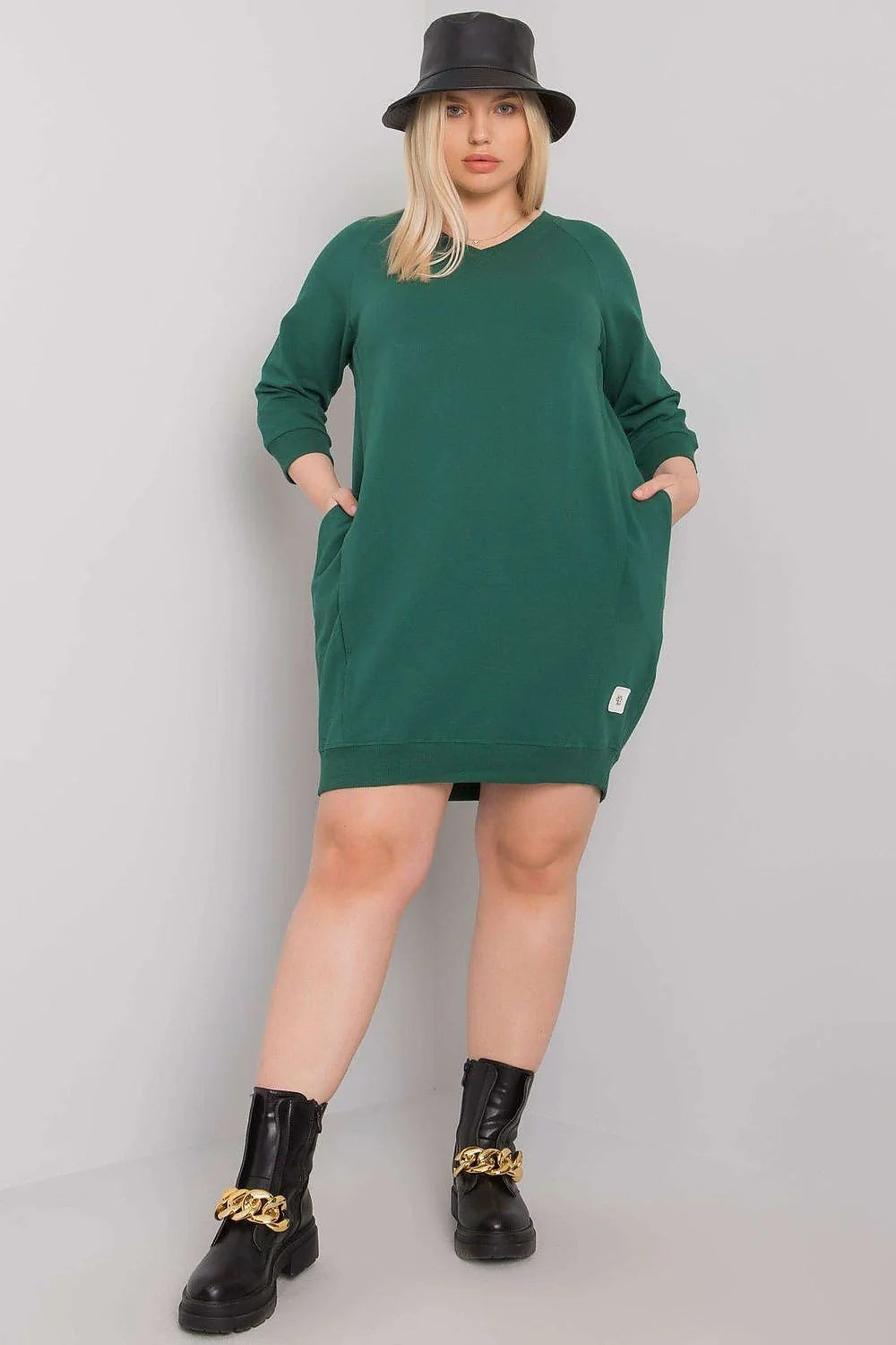 robe chemise grande taille oversize fuchsia coton élasthanne molleton manches trois quarts col V poches latérales coupe droite courte