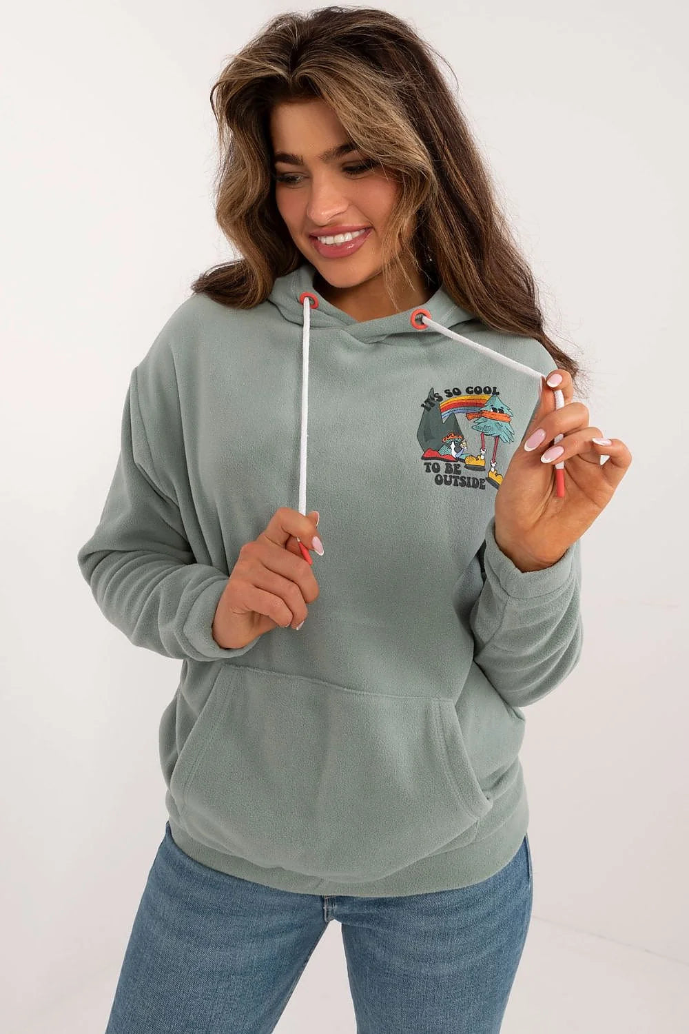 Sweatshirt Sublevel femme casual vert sauge design graphique manches longues capuche polyester fonctionnel moderne usage quotidien
