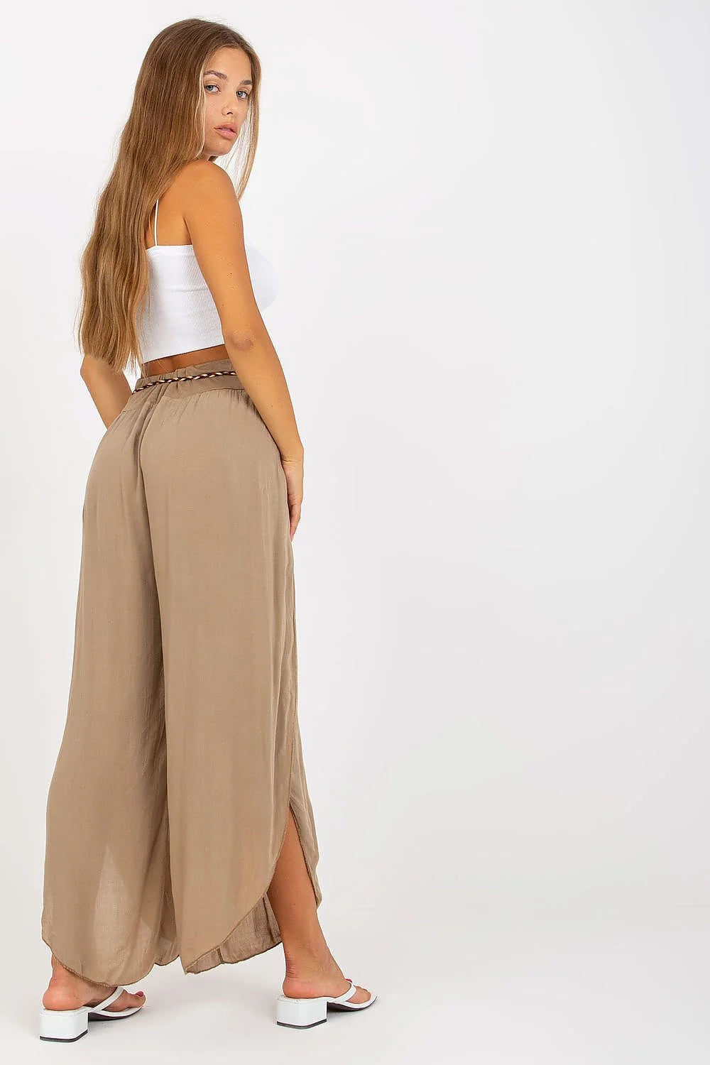 Pantalon femme taupe large coupe évasée style boho ceinture décorative taille haute viscosé 100% Och Bella