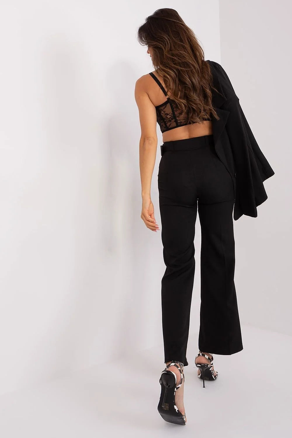 Pantalon femme taille haute jambes larges ceinture intégrée tissu brillant polyester高品質 noir élégant occasion formelle