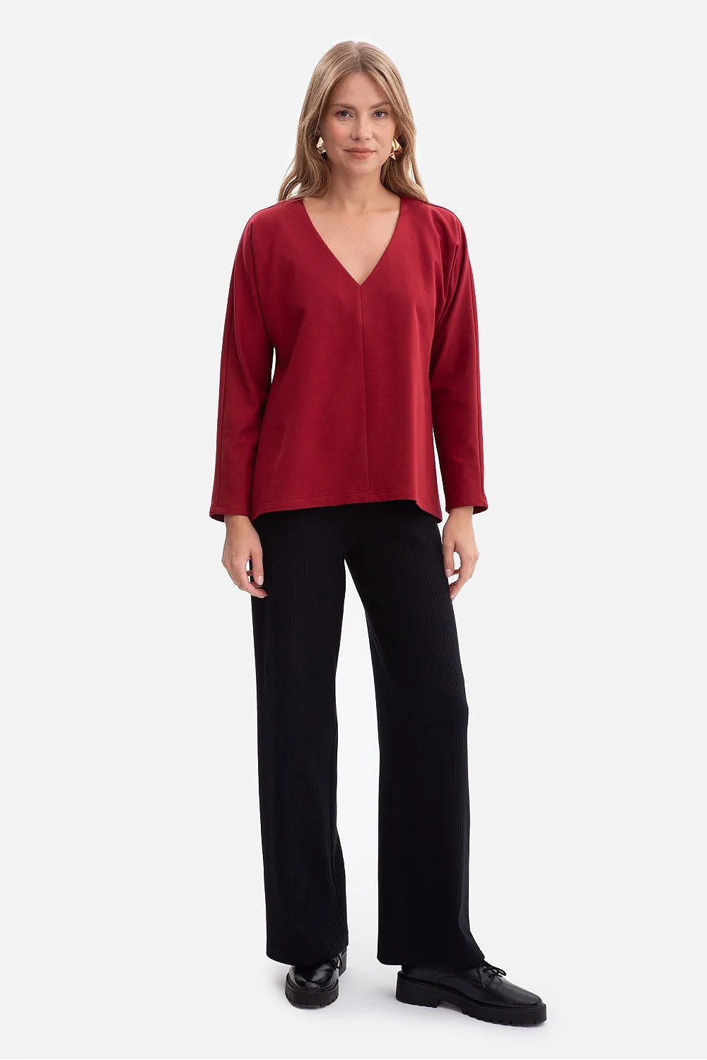 chemisier femme bordeaux jersey 260g maille douce bouclé confortable respirante col V profond manches longues coupe ample oversize