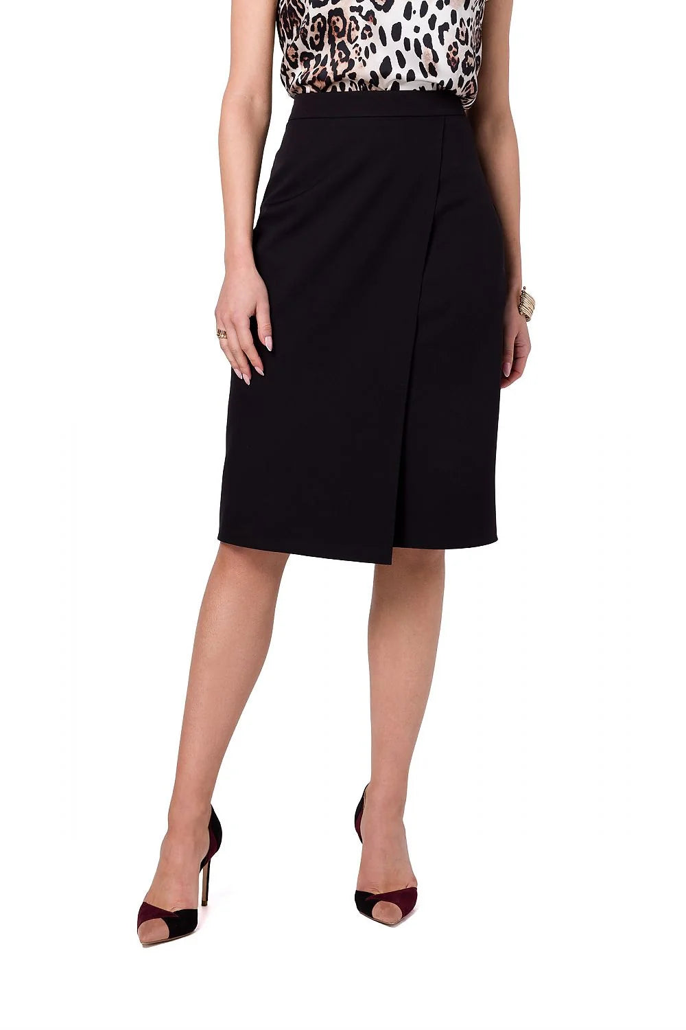 jupe stylove femme élégante asymétrique portefeuille rose poudré polyester elasthanne stretch taille haute ajustable doublée soignée mi longue moulante