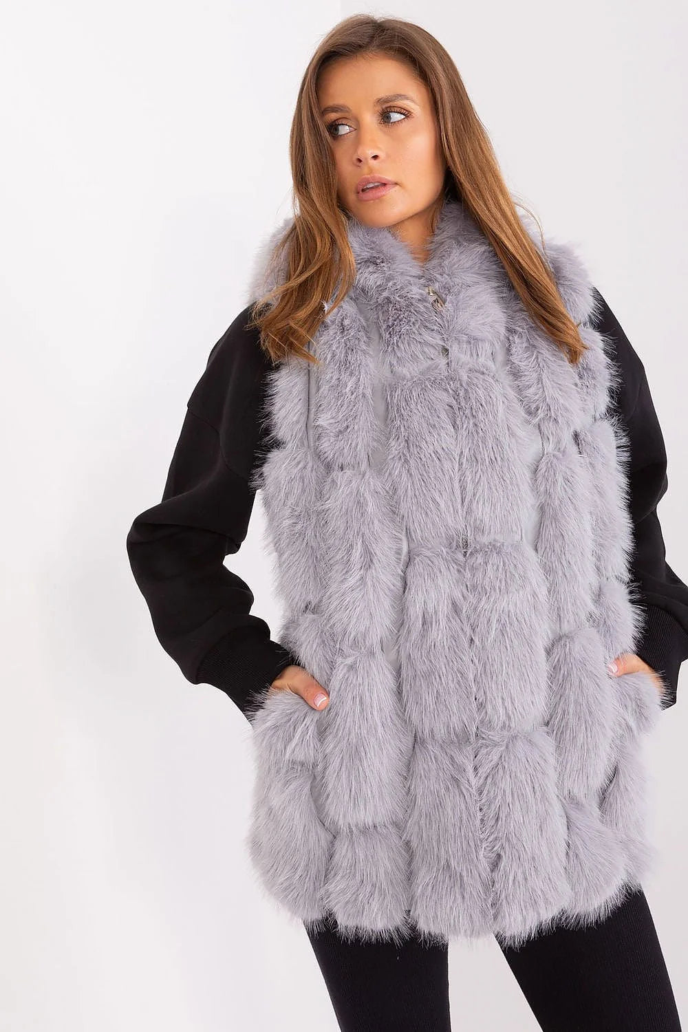 Gilet sans manches en fourrure synthétique moderne, élégant, gris clair, coupe longue, col montant, poches latérales, pour femmes