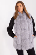 Gilet sans manches en fourrure synthétique moderne, élégant, gris clair, coupe longue, col montant, poches latérales, pour femmes