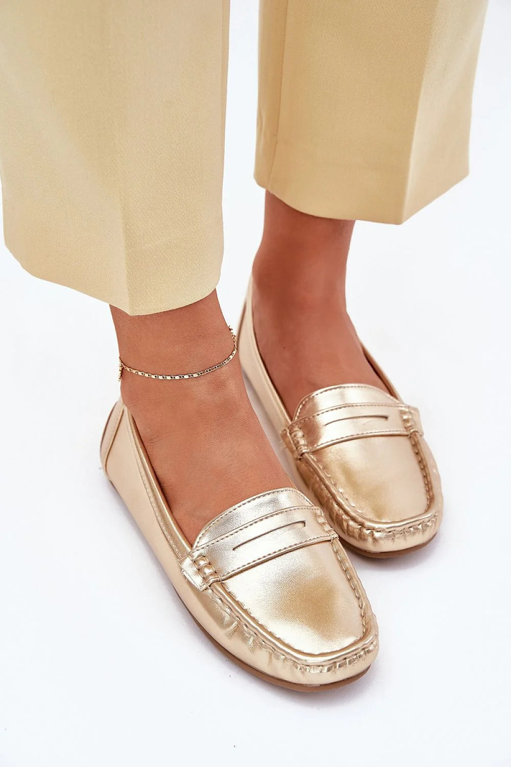 Mocassins pour femme élégants style décontracté chic cuir écologique doré métallisé anti-glisse confortable occasion quotidienne et semi-formelle
