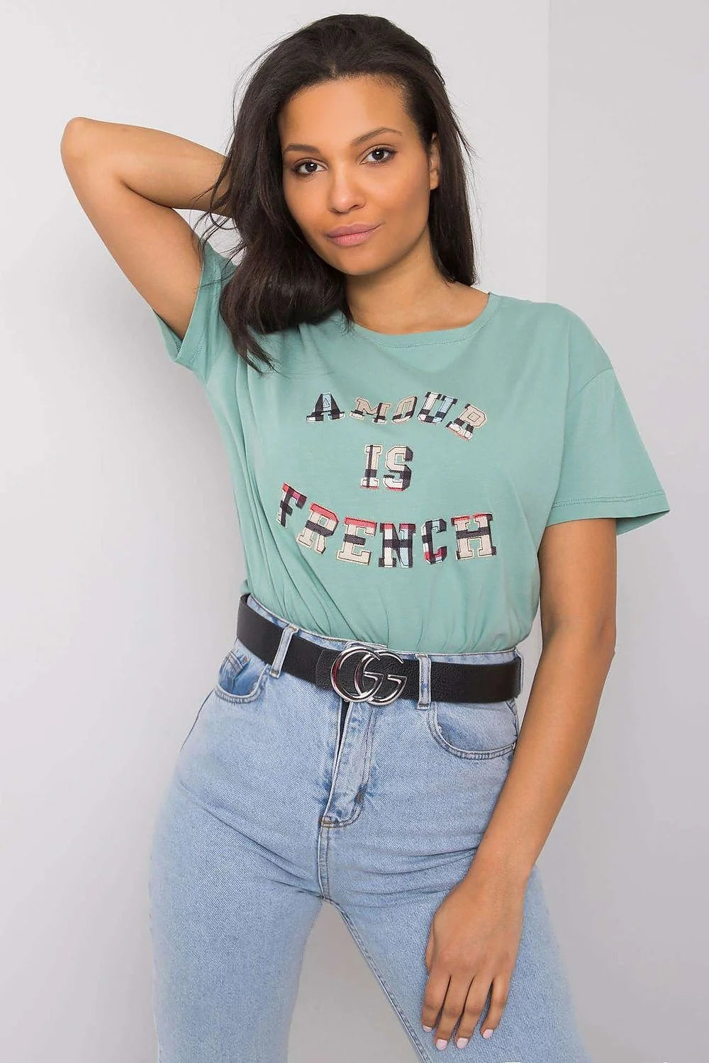T-shirt femme Fancy design audacieux AMOUR IS FRENCH multicolore coton stretch loose fit casual été