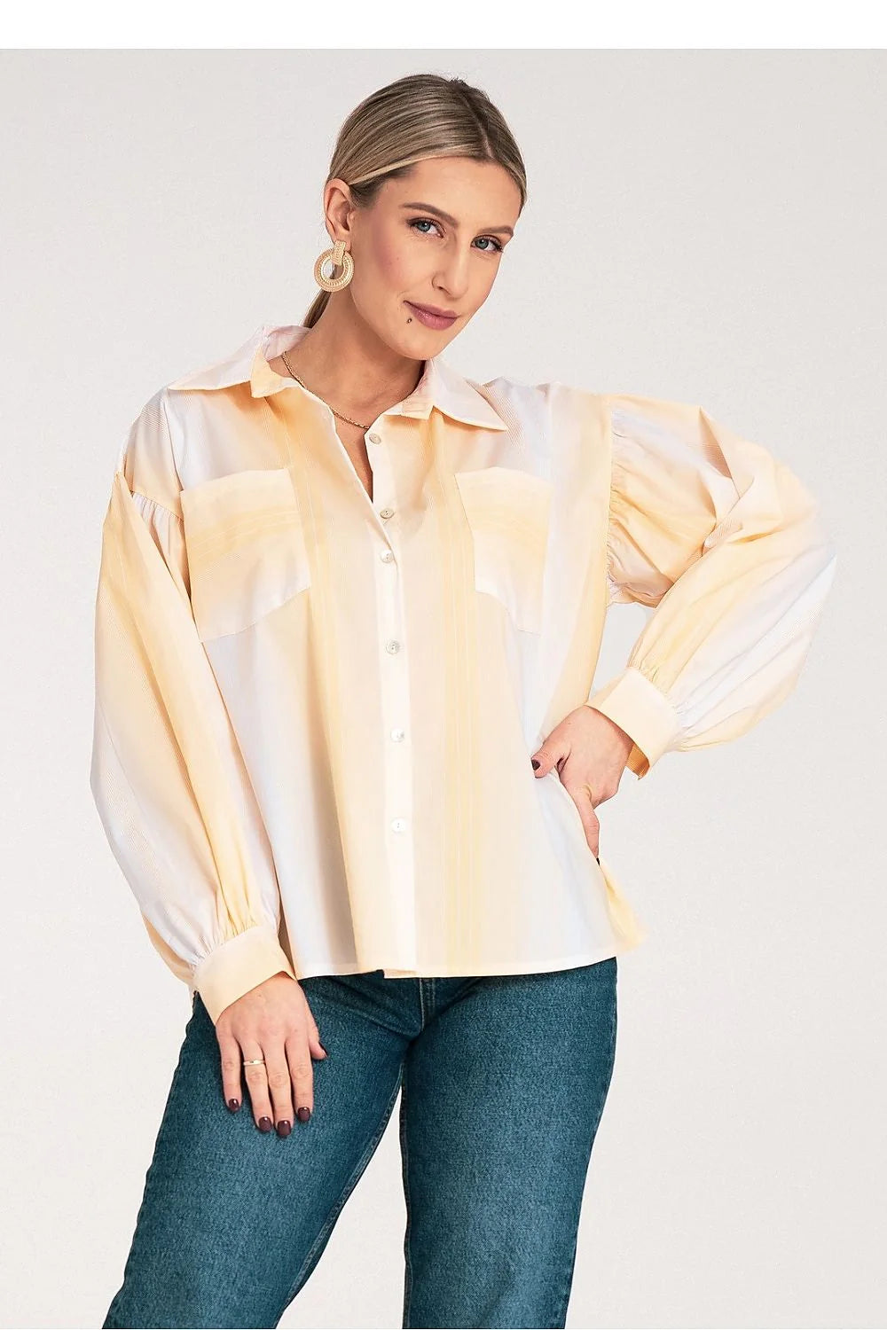 Chemise manche longue Figl motif rayures élégante femme polyester 100% ample col classique poches asymétriques