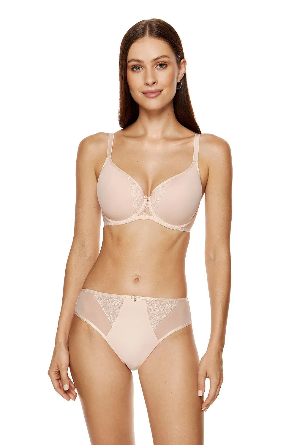 Ensemble de lingerie féminine élégant balconnet soutien-gorge culotte taille haute dentelle beige microfibre doux
