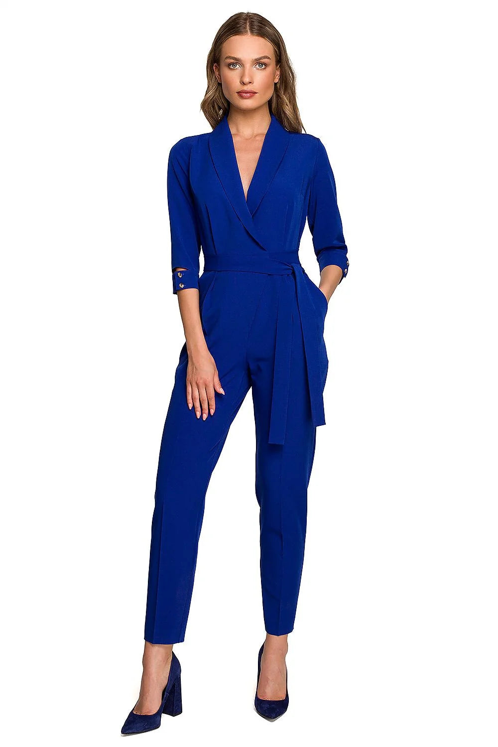 combinaison femme chic élégante vert forêt manches trois quart ceinture nouée col châle slim tailleur boutons dorés