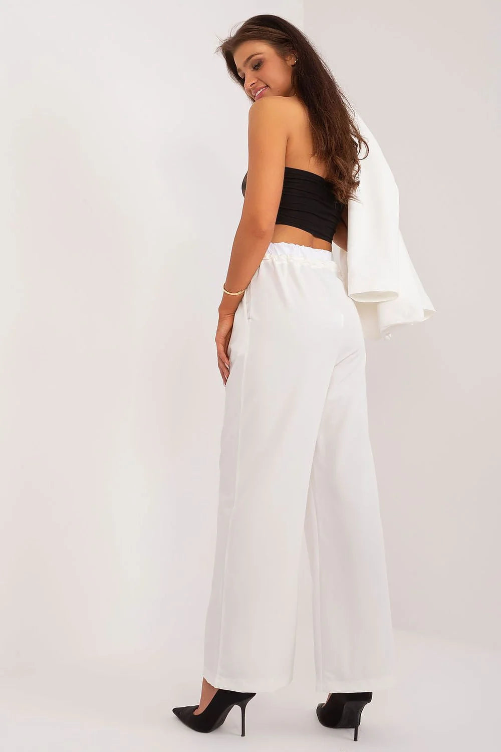 Pantalon femme Italy Moda élégant style palazzo tissu lisse couleur blanc taille haute jambes larges occasion formelle