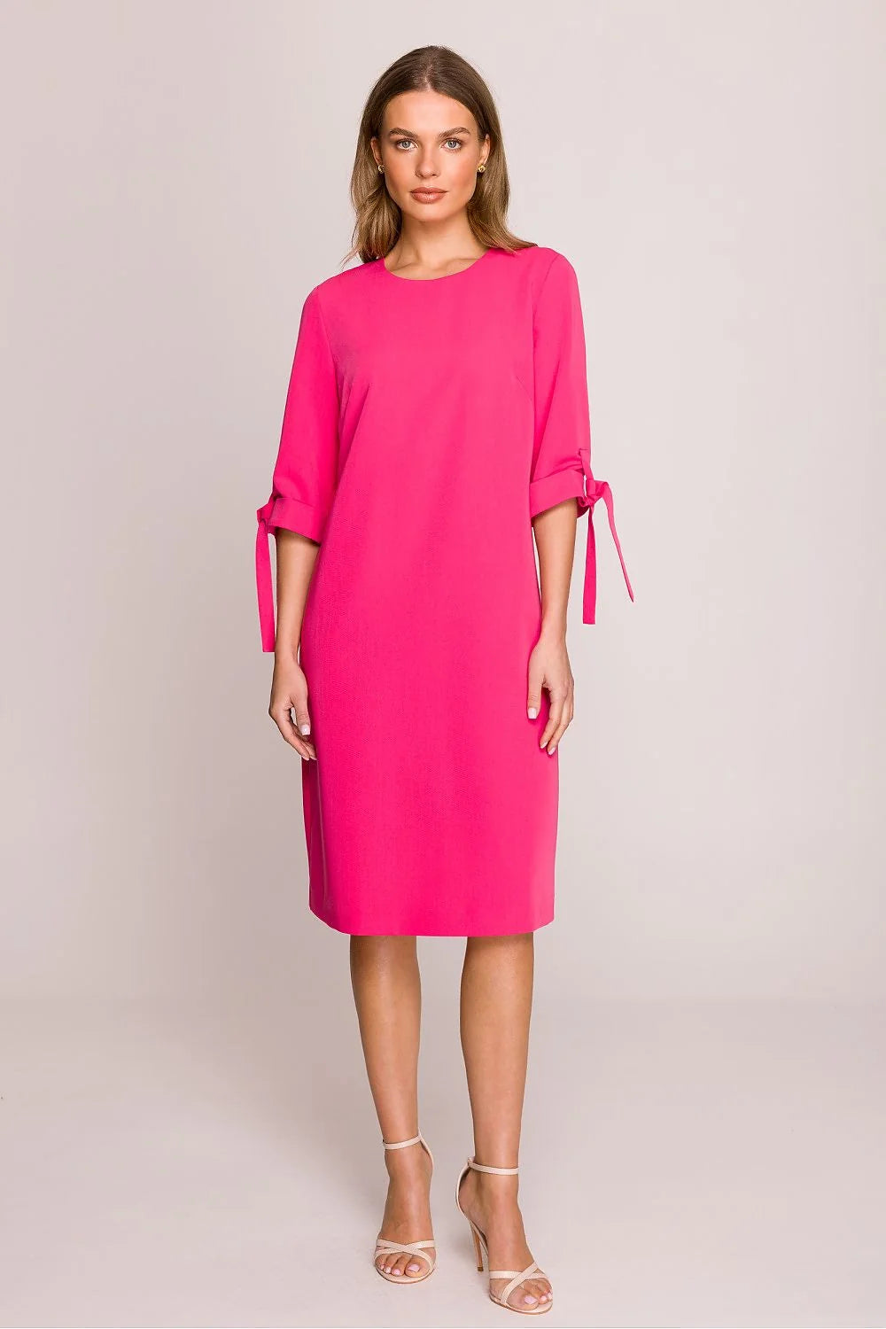 Robe de jour élégante rose vif manches 3/4 col rond coupe droite tissu confortable femmes