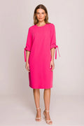 Robe de jour élégante rose vif manches 3/4 col rond coupe droite tissu confortable femmes