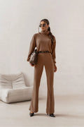 ensemble PRIAH beige foncé pull oversize chemisier pantalon taillehaute évasé maille côtelée chocolat manches tombantes ceinturenoire douce extensible automne hiver