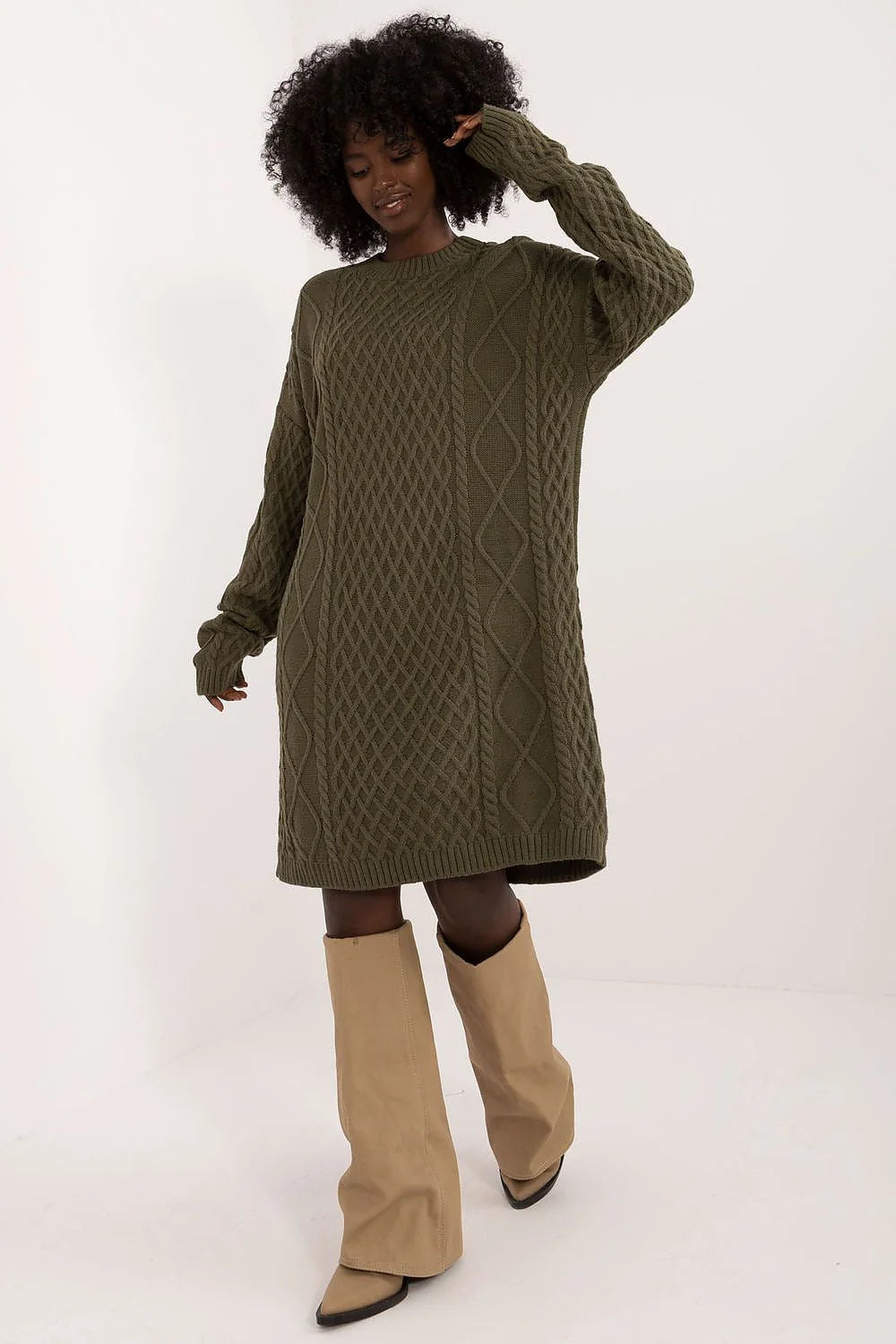 Robe-pull Badu maille torsadée motifs losange longues manches vert olive femme confortable élégante saison froide
