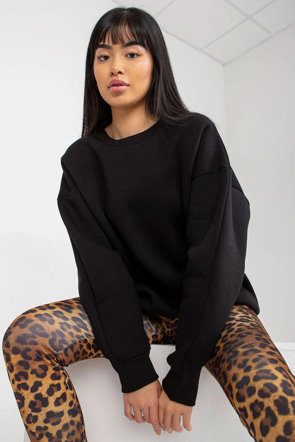 Sweatshirt Set Femme À Col Rond Manches Longues Coupe Amples Leggings Léopard Élasthanne Polyester Mode Urbaine Casual