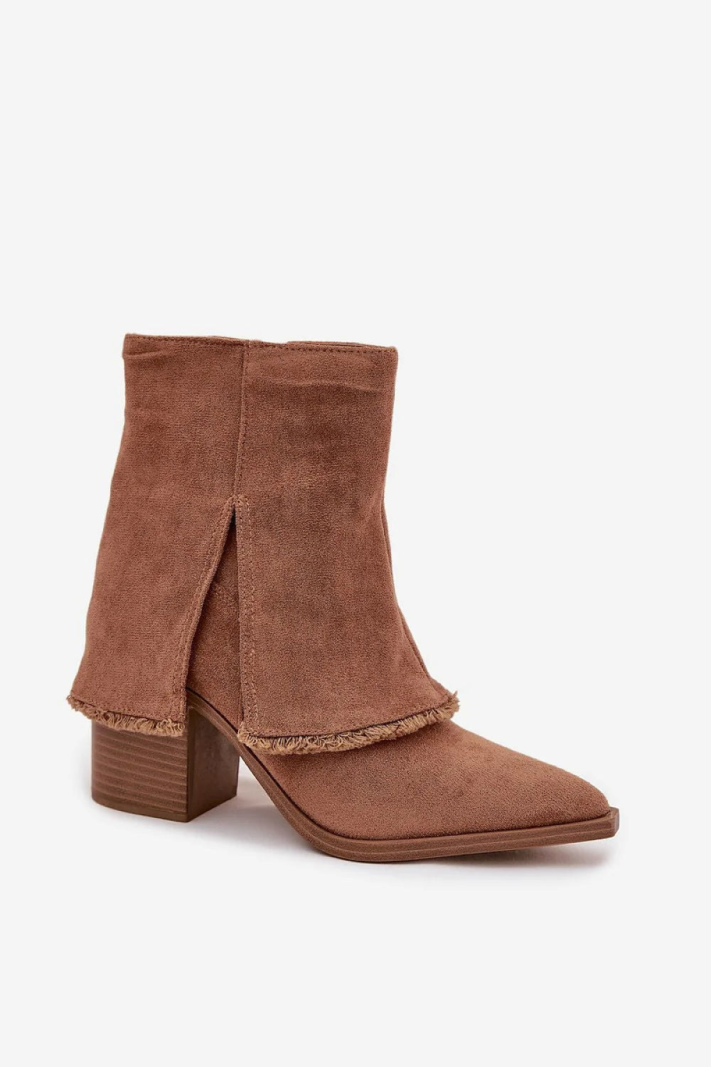 bottines femme daim écologique cognac suédé cheville bout pointu talon colonne neuf centimètres rabattu effiloché fermeture éclair latérale