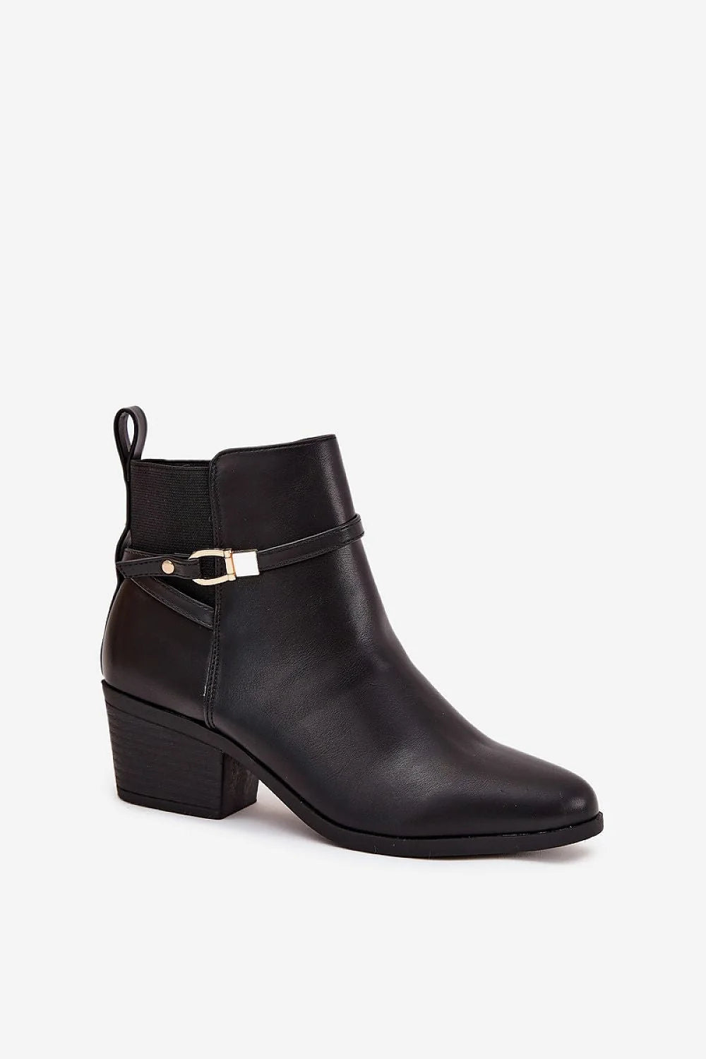 bottines cheville femme simili cuir noir talon bloc moyen bout amande zip latéral sangle fine boucle dorée élégantes confortables
