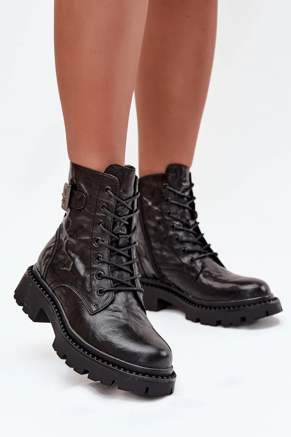 bottines femme Artiker cuir naturel noir texturé froissé brillante montantes bride boucle zip doublure chaude semelle crantée confortable