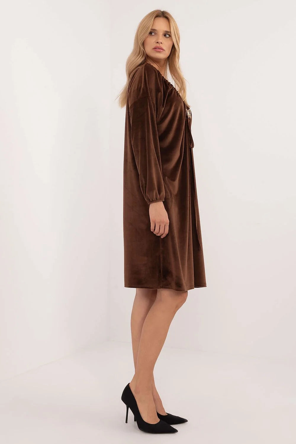 Robe élégante pour femme velours marron profond encolure V manches longues coupe ample occasions quotidiennes