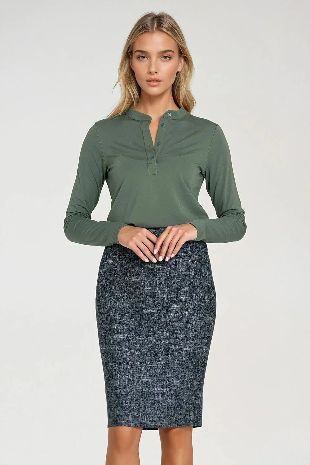chemisier femme ajusté stretch spandex nylon rayon kaki manches longues col polo montant patte boutonnage trois boutons élégant polyvalent casualchic