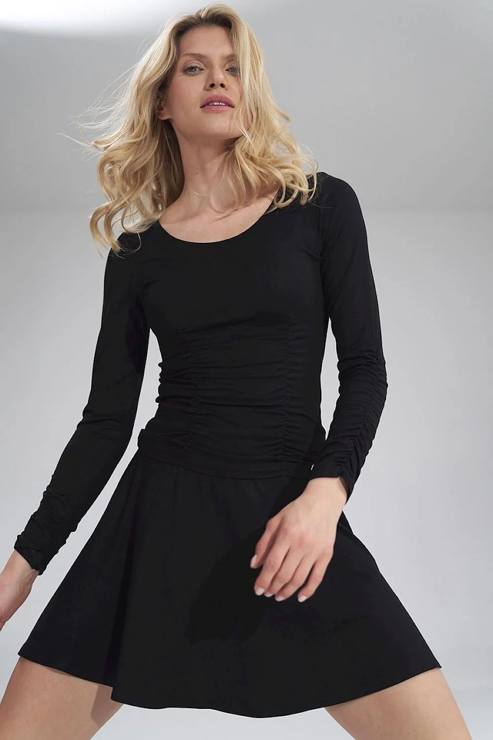Robe maille jersey gris chiné confortable manches longues élégante ajustée évasée décontractée tendance quotidienne féminine