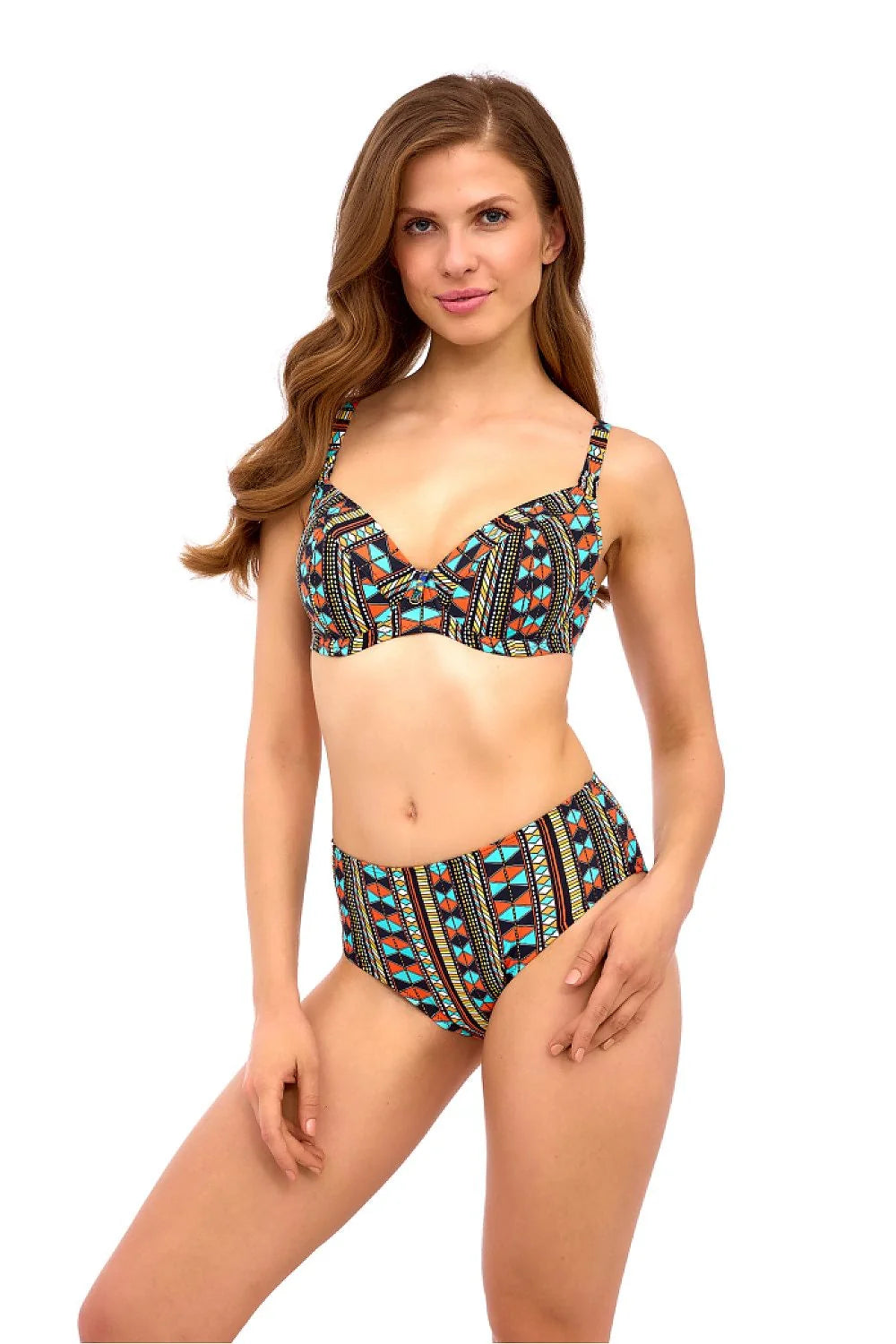 Maillot de bain deux pièces femme motif géométrique vibrant soutien-gorge à armatures culotte taille haute polyester élasthanne plage piscine été