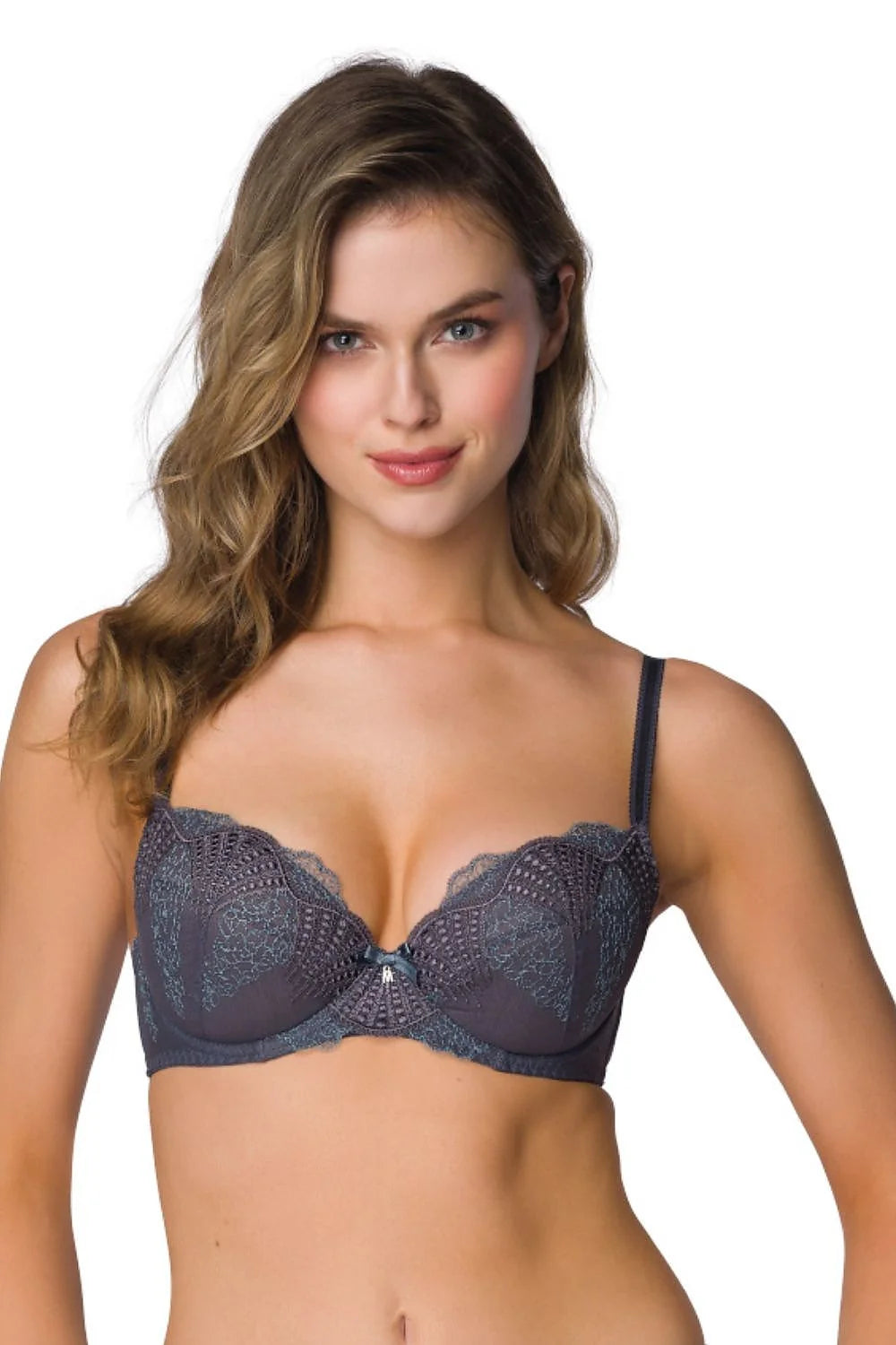 pushup Melisande gris anthracite balconnet armatures bonnets sculptants dentelle délicate tulle transparent broderie contrastée bretelles réglables maintien confort élégant