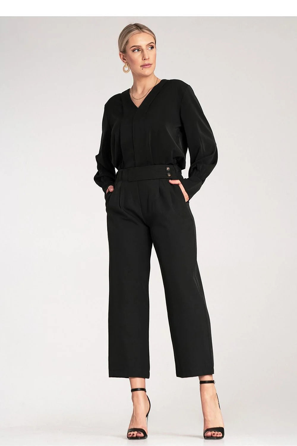 pantalon femme Figl cropped taille haute ceinturé boutons décoratifs slim fit coupe tailleur fluide crêpe polyester elasthanne noir élégant sophistiqué