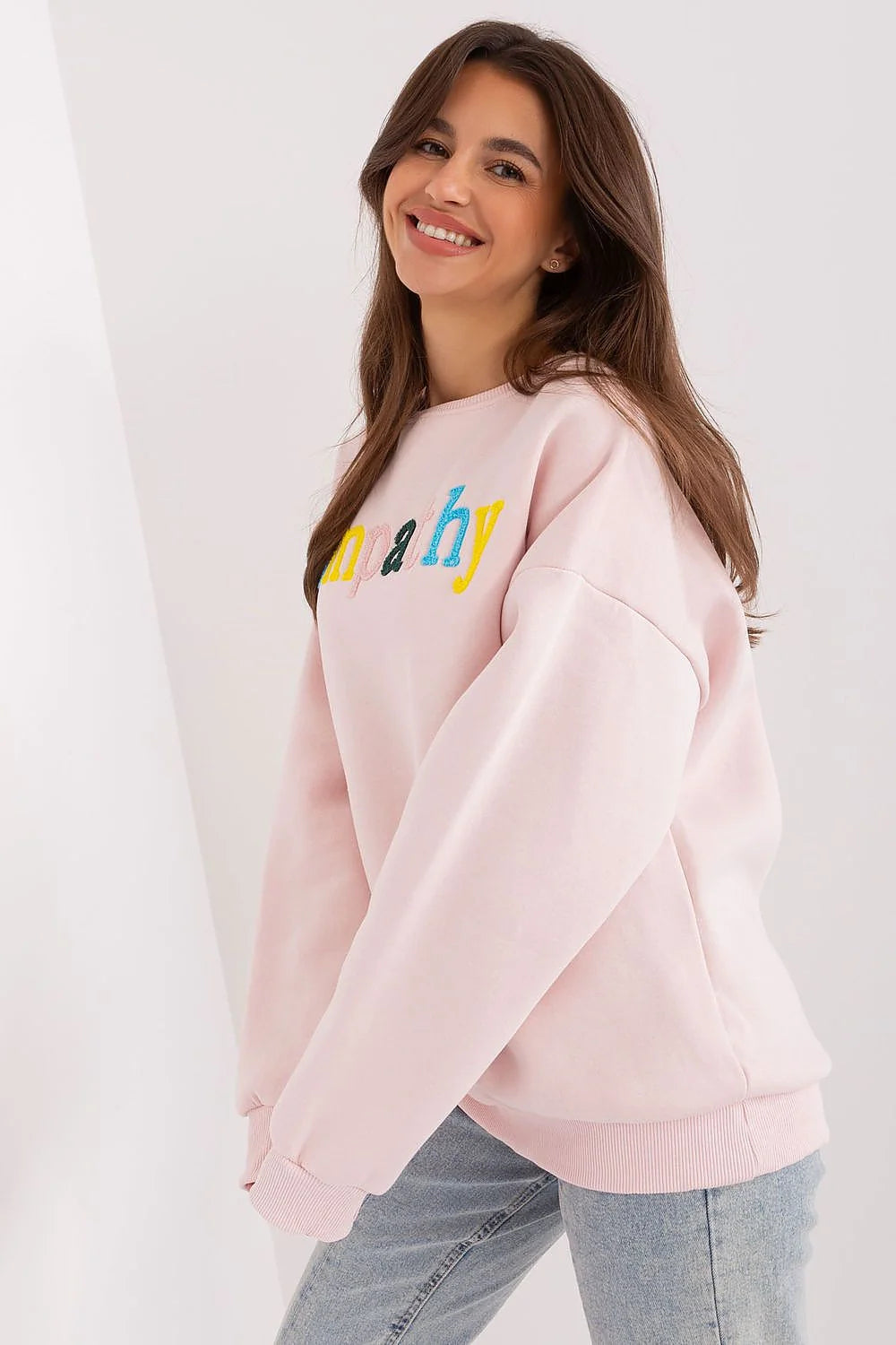 Sweatshirt femme design moderne Empathy brodé coloré rose pâle coton polyester manches longues col rond occasion quotidienne