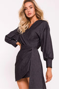 Robe de soirée élégante noire portefeuille cache-cœur manches longues épaules nues ceinture latérale polyester elastane femme