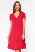 Robe de jour Nife design épuré élégant viscose spandex coupe droite genoux décolleté V nœud central manches courtes style décontracté semi-formel couleur rouge garde-robe moderne femme