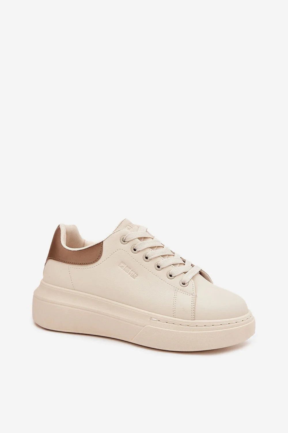 sneakers femme BigStar cuir synthétique crème taupe contrefort plateforme 4cm semelle mousse rembourrage lacets œillets métalliques minimaliste élégant