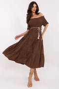Robe d'été bohème romantique longue coupe évasée tissu naturel col espagnol manches courtes ceinture tassels brun femme