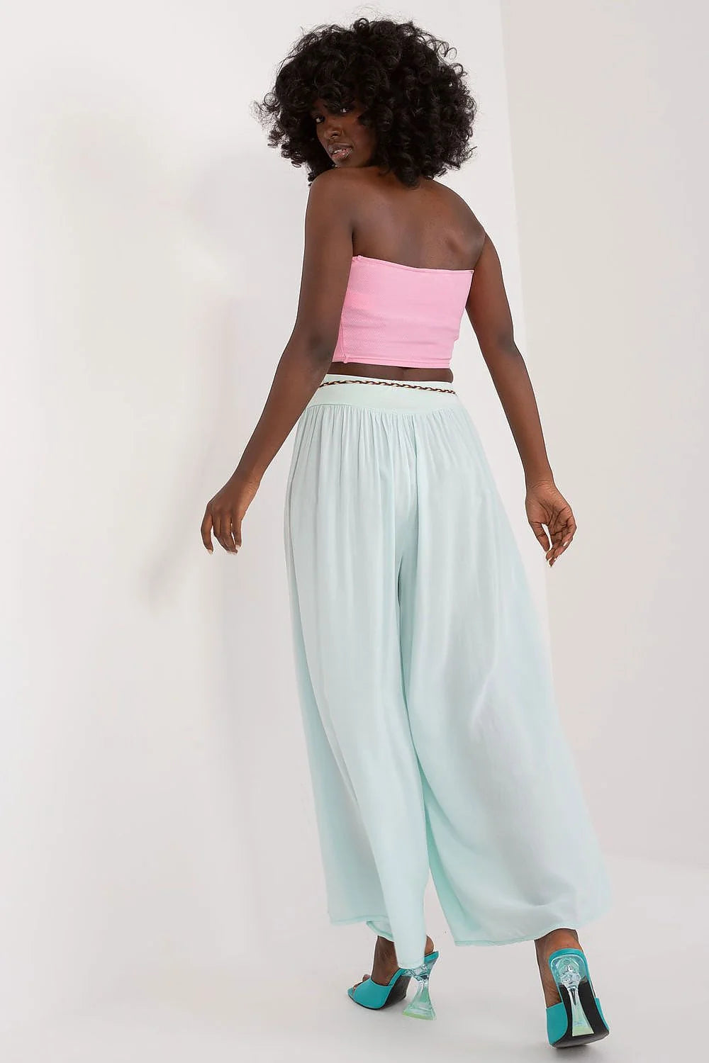 Pantalon femme Och Bella viscose taille haute jambes larges ceinture décorative à nouer style bohème chic femme