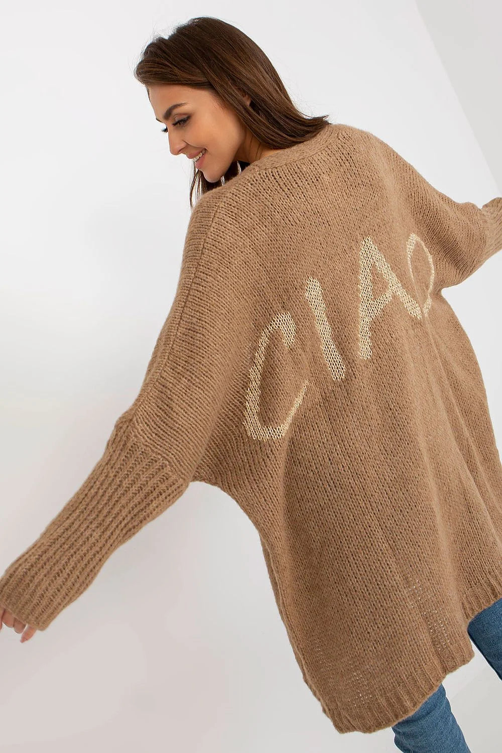 Cardigan Och Bella pull-over femme couleur bleue mot ciao dos modern design décontracté coupe ample matières douces