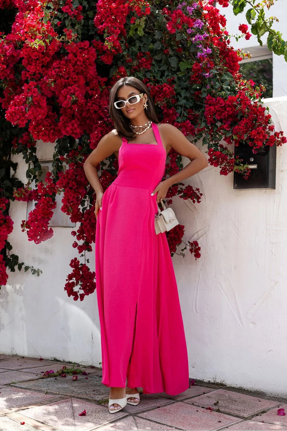 Robe de jour La Balancia fuchsia longue fluidité bretelles larges découpes dos taille élastique summer dress