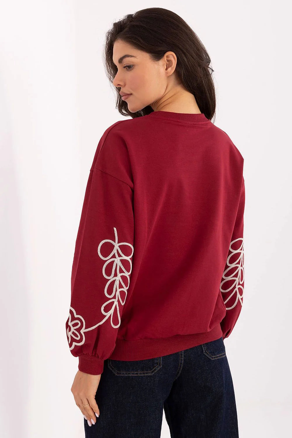 sweatshirt femme bordeaux molleton coton élasthanne col rond manches longues bouffantes broderie blanche contrastée poignets côtelés coupe décontractée