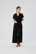Robe chemise longue noire en viscose classique manches courtes col chemise ceinture poches femme occasion多种