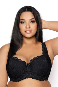 Soutien-gorge rembourré Mat design élégant dentelle noire bonnets galbés bretelles larges réglables dos lisse tricot extensible femmes grandes tailles