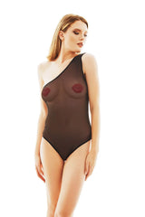 Body tissu transparent asymétrique bretelle unique couleur noire motifs lèvres rouges coupe ajustée spéciale femme