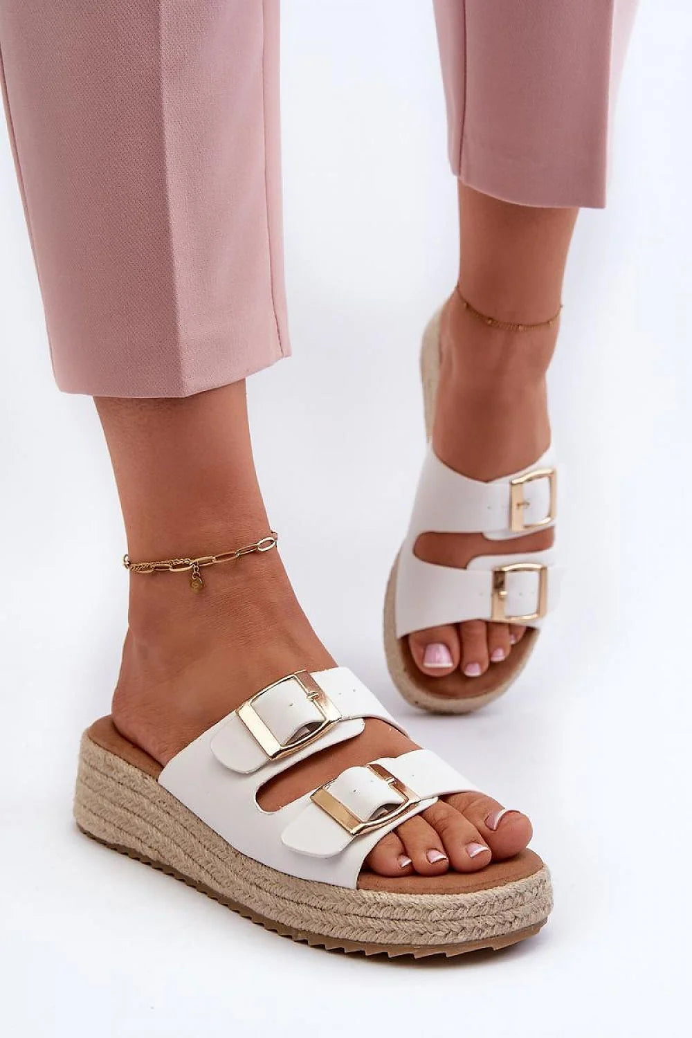 Sandales à plateforme pour femmes design décontracté élégant cuir artificiel blanc doré beige semelle tressée plateforme 3 cm ajustable