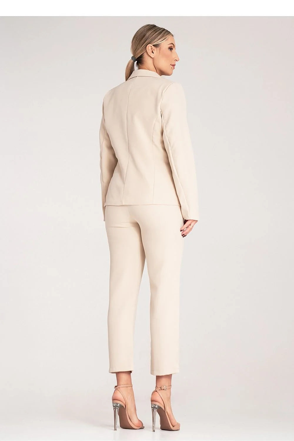 Tailleur-pantalon féminin élégant beige clair coupe cintrée blazer pantalon taille haute polyester elasthanne