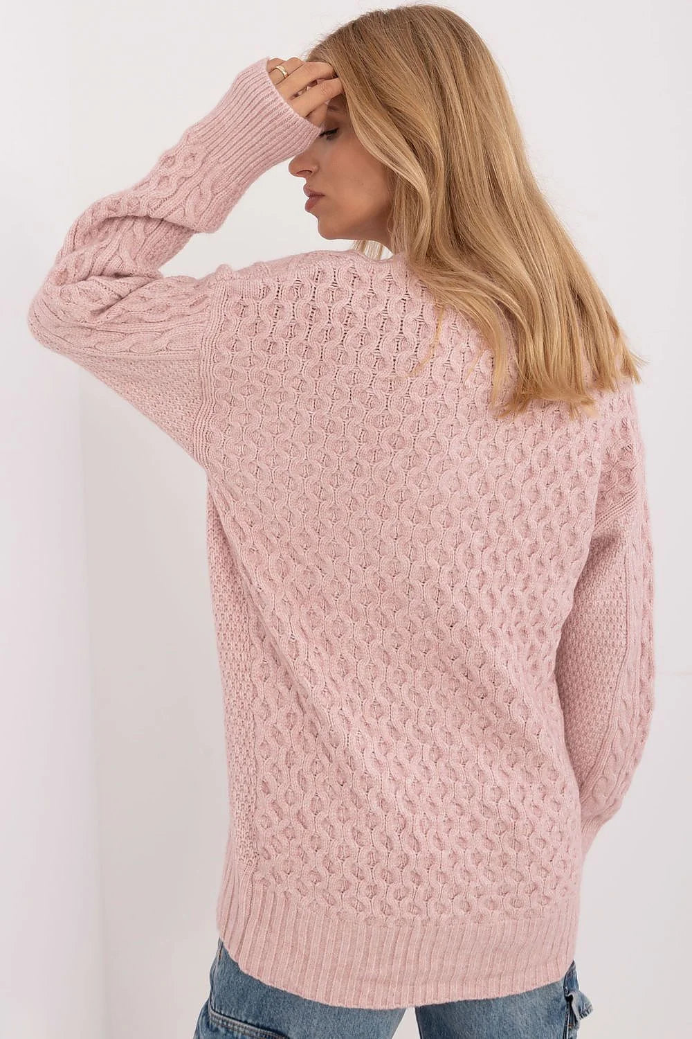 cardigan femme rose poudré maille côtelée torsadée épaisse oversize col rond boutons assortis manches longues poignets côtelés douillet