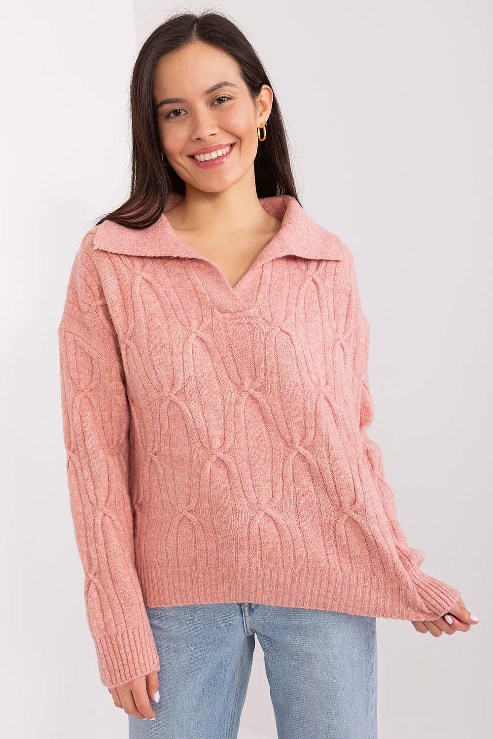 Pull femme en maille torsadée acrylique et laine couleur rose doux coupe décontractée manches longues col polo