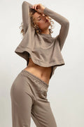 Ensemble femme taupe cropped top longues manches joggers taille élastique mode confortable