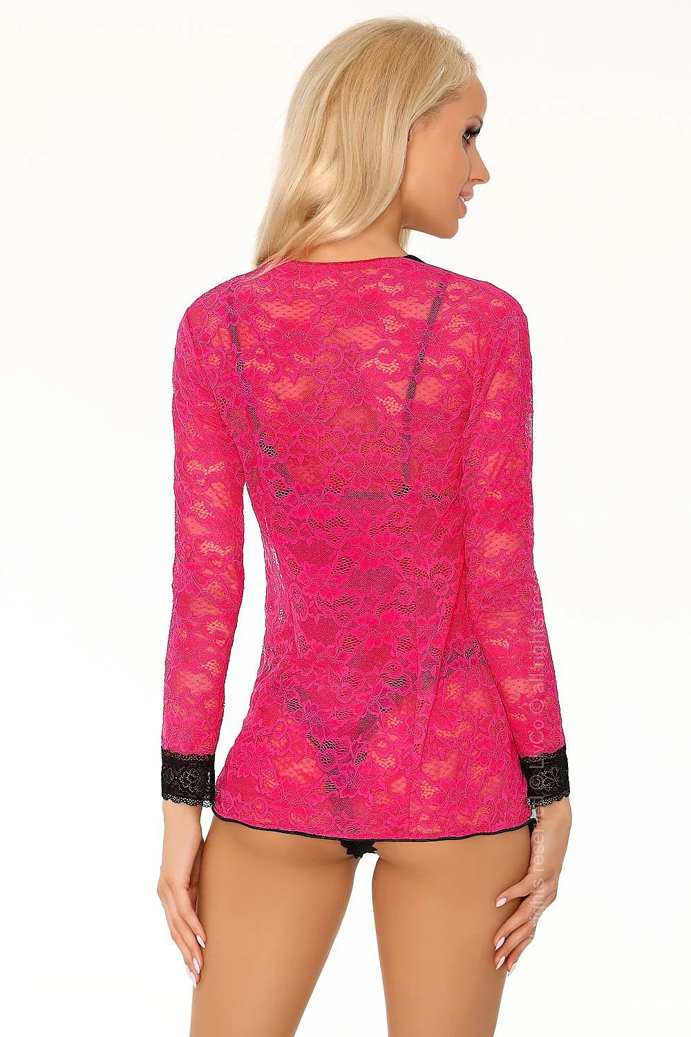 Body en dentelle sexy élégant rose et noir avec broderies florales manches longues ajustées