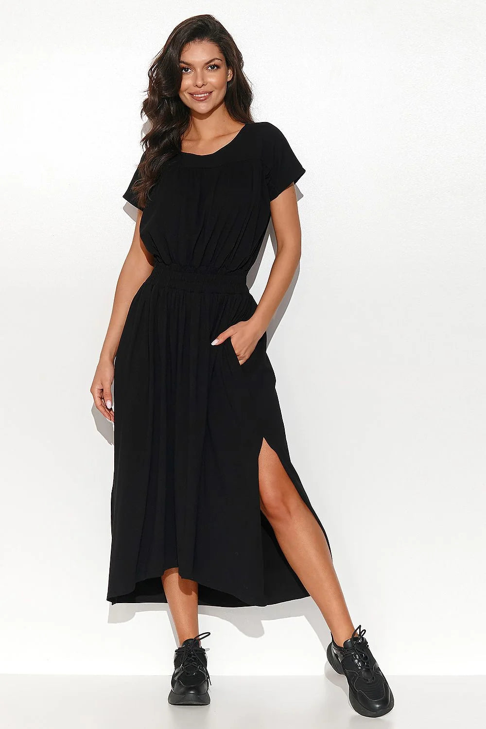 Robe de jour élégante asymétrique en maille longue manches courtes encolure ronde taille élastique poches latérales femme